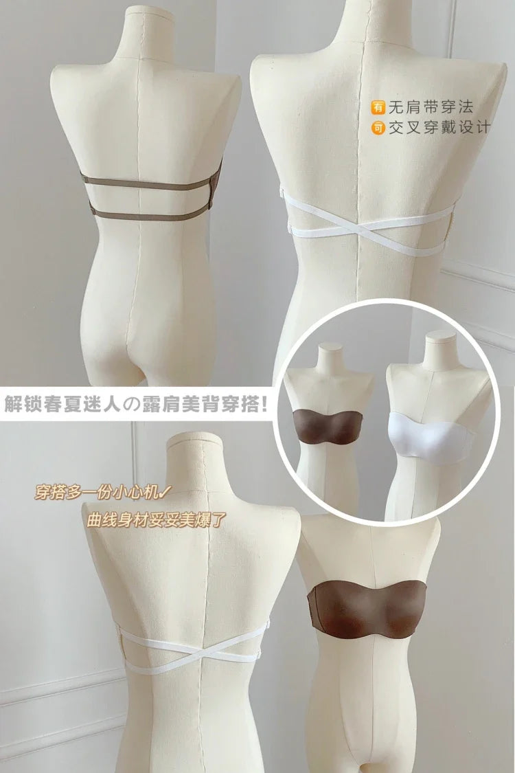 Sexy Japanese Satin Halter Bra Strapless Seamless Two-Way Wear Adjustable Comfort Back Fit Wirefree Lingerie Set S-XL MOYISU Bra