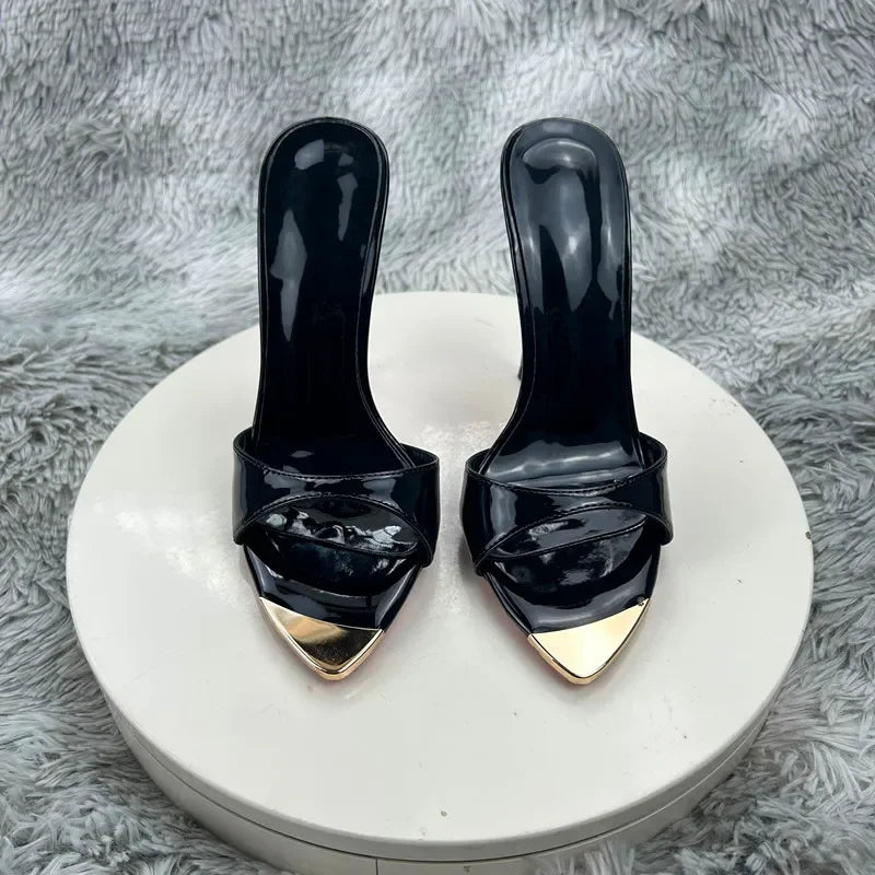 Black glossy  Female High Heels Open Toe Slides Trending Breathable Women Summer Outfit Casual Shoes12cm Sandals