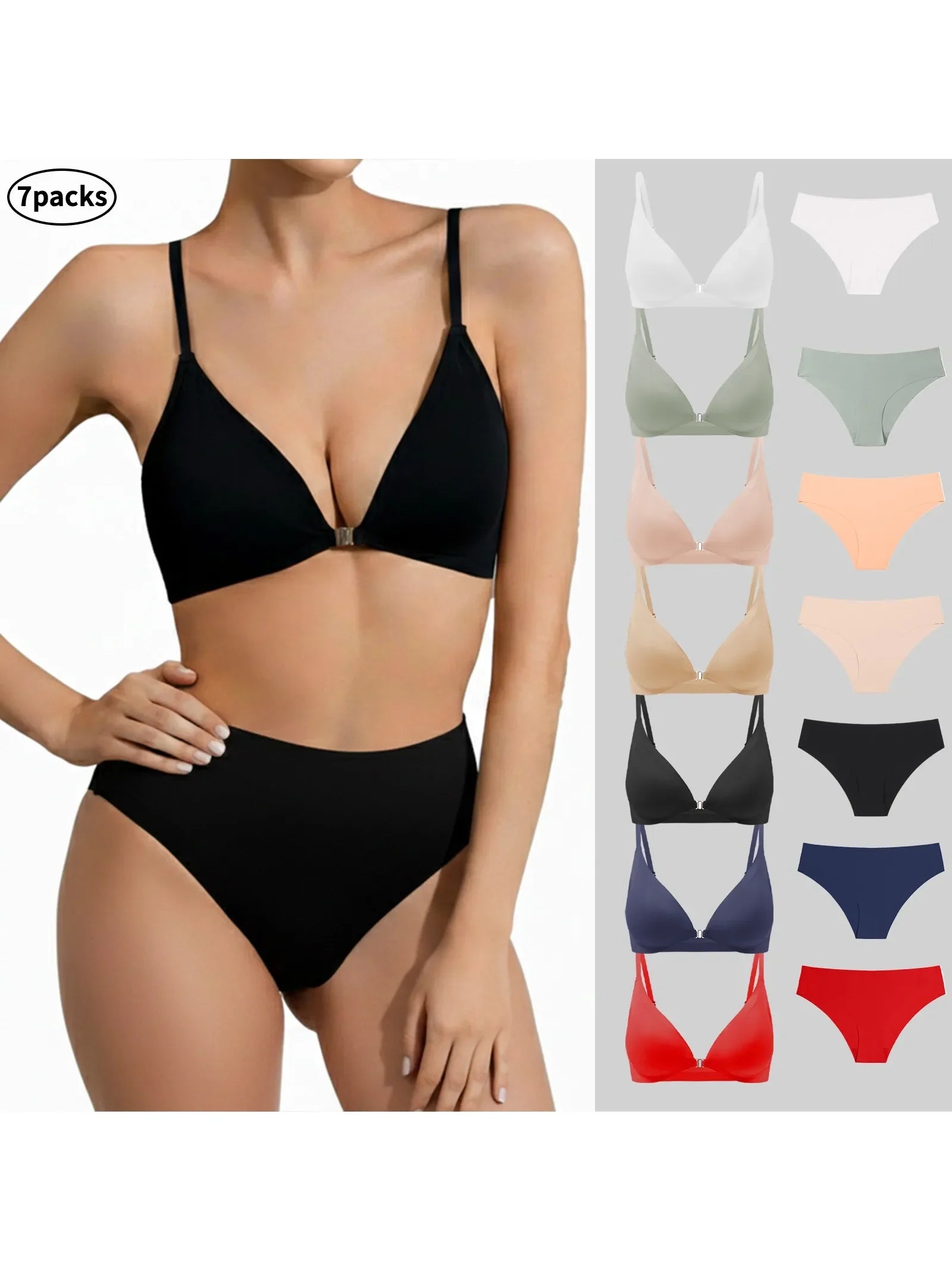 7 Pack Women's Sexy Bra Panties Set Front Closure Seamless Push-Up Wireless with Removable Padding Basic T-Shirt Lingerie