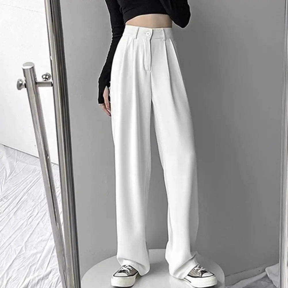 Women High Waist Straight Wide Leg Pants Solid Color Suit Pants Elastic Slant Pockets Loose Office Trousers