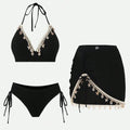 Vintage Black Starfish Shell Ornament Bikini Set 2026 Women Tassel Skirt 3 Piece Swimsuit Summer Bathing Suit Holiday Swimwear