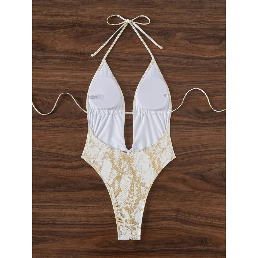 2025 Snake Skin Deep V Neck Backless One Piece Swimsuit Women Swimwear Female Halter High Leg Cut Bather Bathing Suit Swim K7412