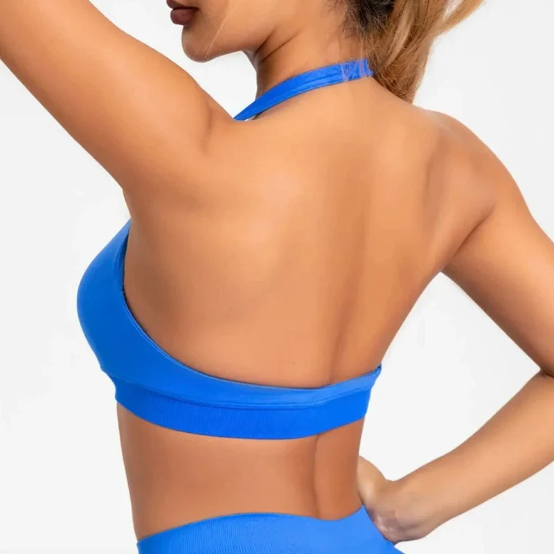 Women's Sexy Backless Yoga Sports Bra Shock-Absorbing Gathered Fitness Bra Beautiful Back Neck Hanging Design