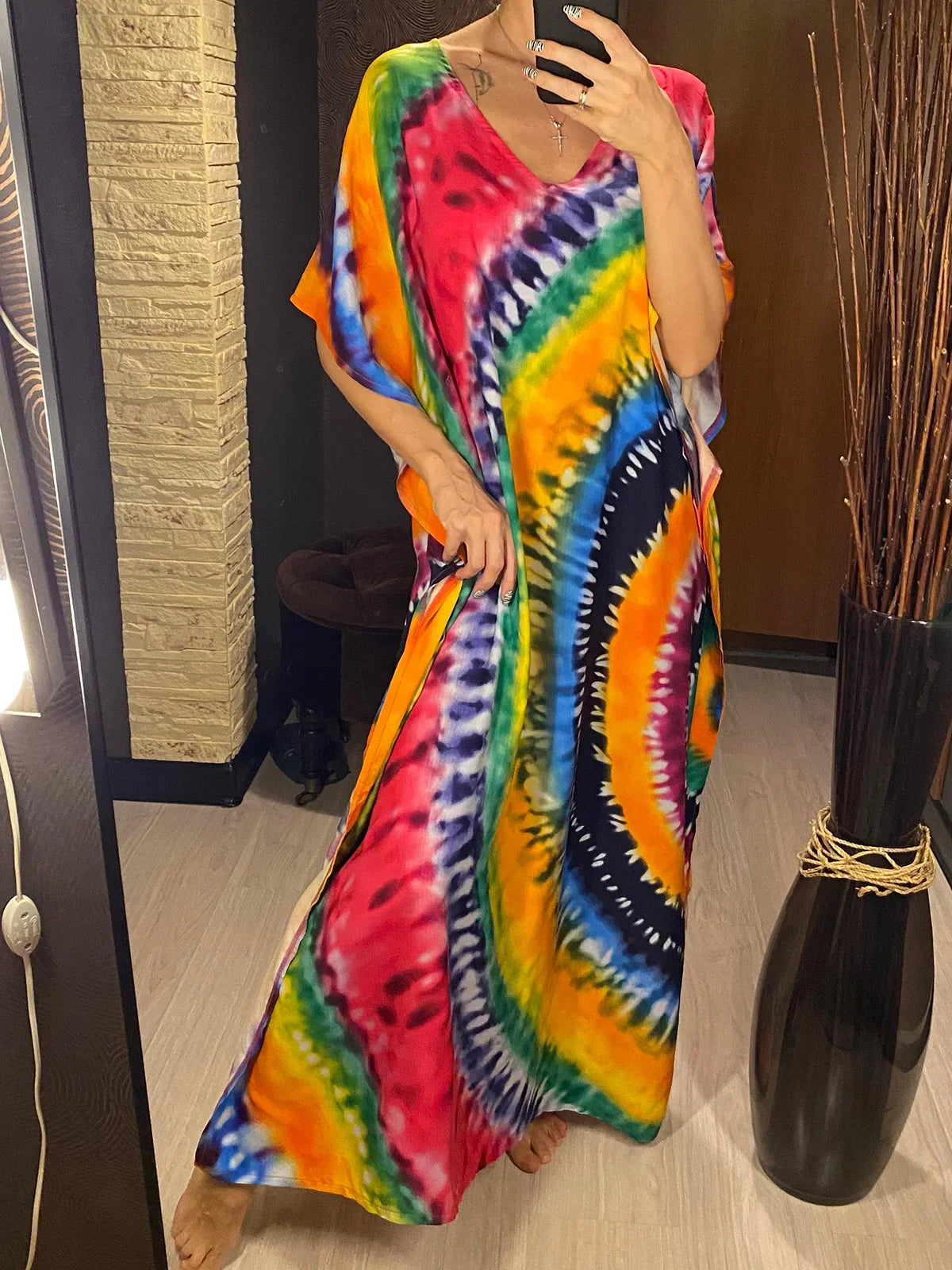 2026 New Colorful Kaftan Tunic Beach Dress Beach Wear Beachwear Beach Cover Up Cover-upsLoose Maxi Dress Female Women V4428