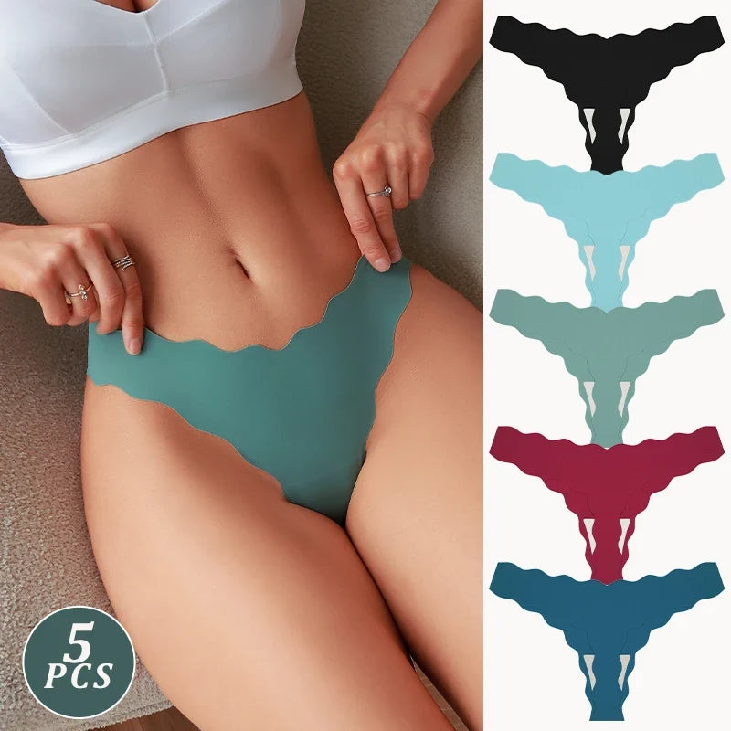 5Pcs Seamless Full-Body Fan-Shaped Wave Decorative Briefs Sexy Thongs Comfortable Breathable Stretch Underwear Women's Lingerie