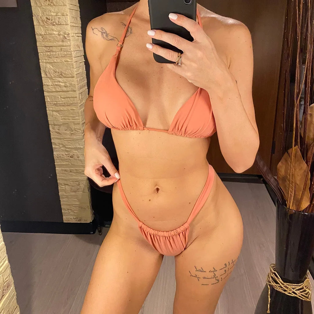 Sexy Wrinkled High Cut Thong Bikini Women Swimwear Female Swimsuit Two-Pieces Bikini Set Bather Bathing Suit Swim Lady V4010C