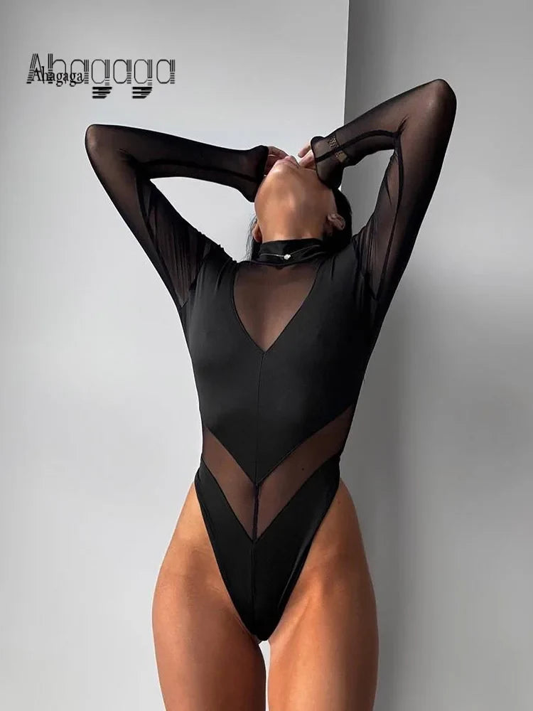 Ahagaga Sexy Mesh Women's Bodysuits See Through Skinny Turtleneck Solid Regular Long Sleeves Slim Fit Streetwear Rompers T Shirt