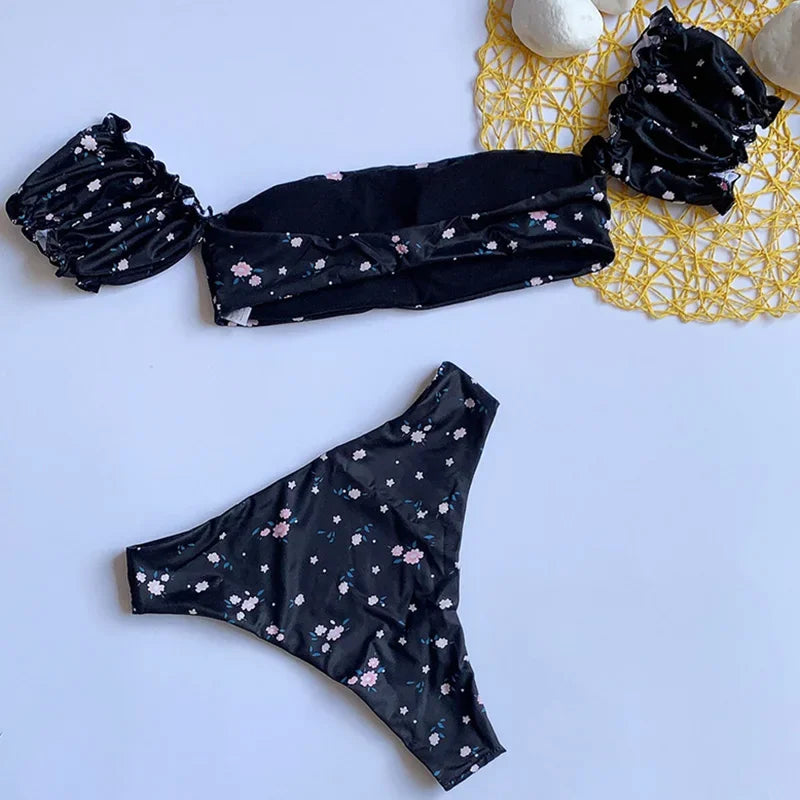 Ruffled Frilled Off Shoulder Bikini Women Swimsuit Female Swimwear Two Pieces Bikini Set Bandeau Bather Bathing Suit Swim Lady