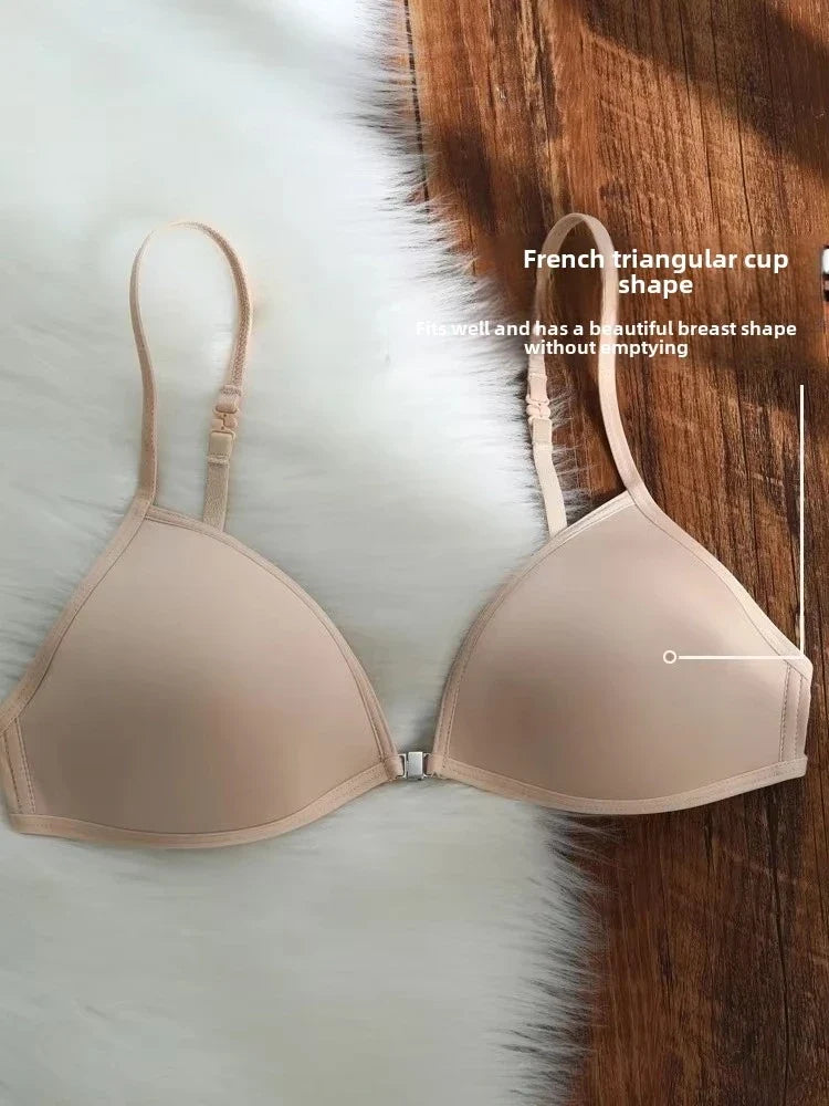 MOYISU French Triangle Cup Underwear Women's Thin Straps Beautiful Back Halter Invisible Front Buckle Bra Thin Seamless Bra