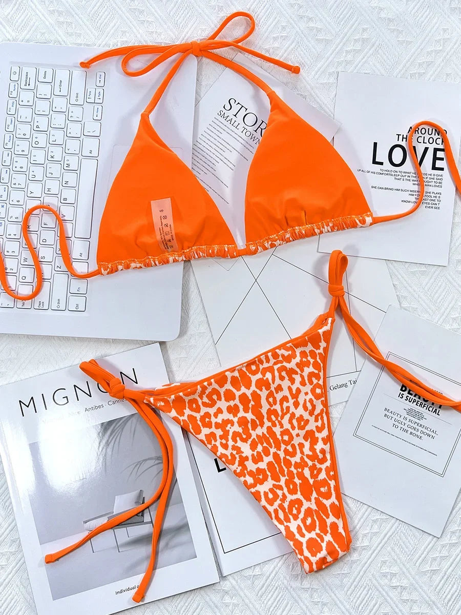 Zebra Print Halter micro Bikini 2025 women Bandeau String Swimsuit Female swimwear Neon Shiny bikini set Leopard Bathing Suit