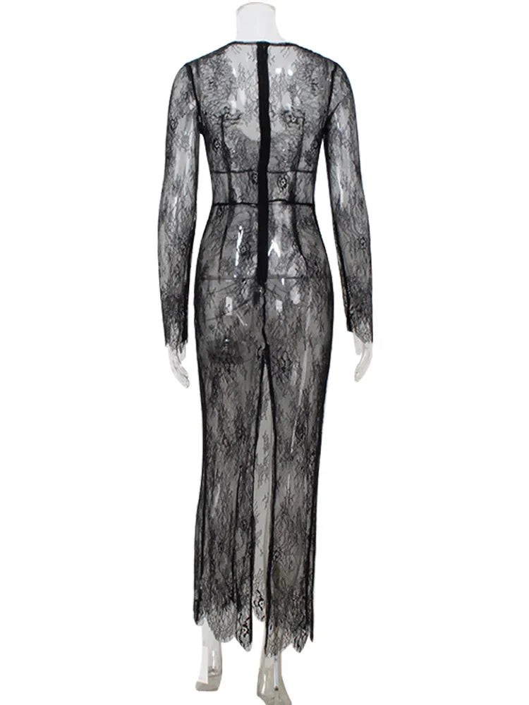 Ahagaga Sexy Club Dresses For Women Lace Solid Sheath Rehular Long Sleeves V-Neck Sheer Slim Fit Maxi Bodycon Female Vestidos