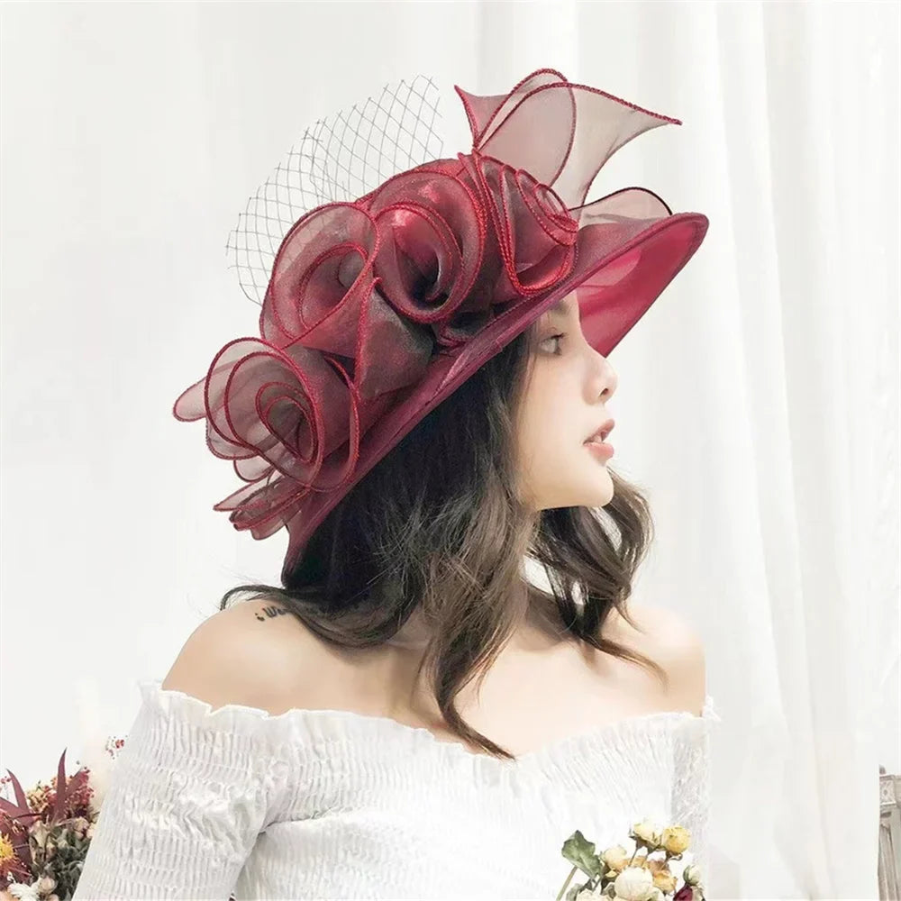 Women Organza Hat 3D Flower Wide Brim Top Hat French Sun Caps for Church Tea Party Wedding