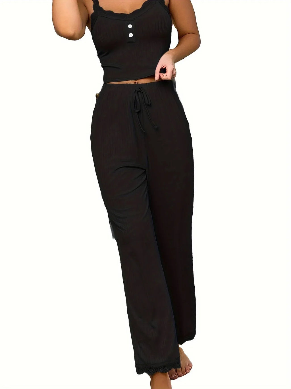 Women’s Summer Lace Trim Pajama Set, Ribbed Cami Top and Long Pants, Soft Casual Loungewear Sleepwear for Ladies