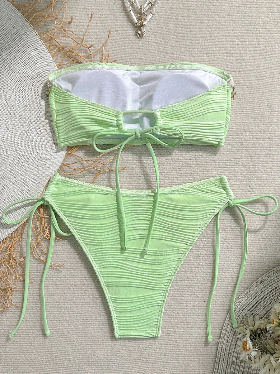 XS - XL Bandeau Wrinkled High Cut Bikini Women Swimwear Female Swimsuit Two-pieces Bikini Set Shells Bather Bathing Suit Swim