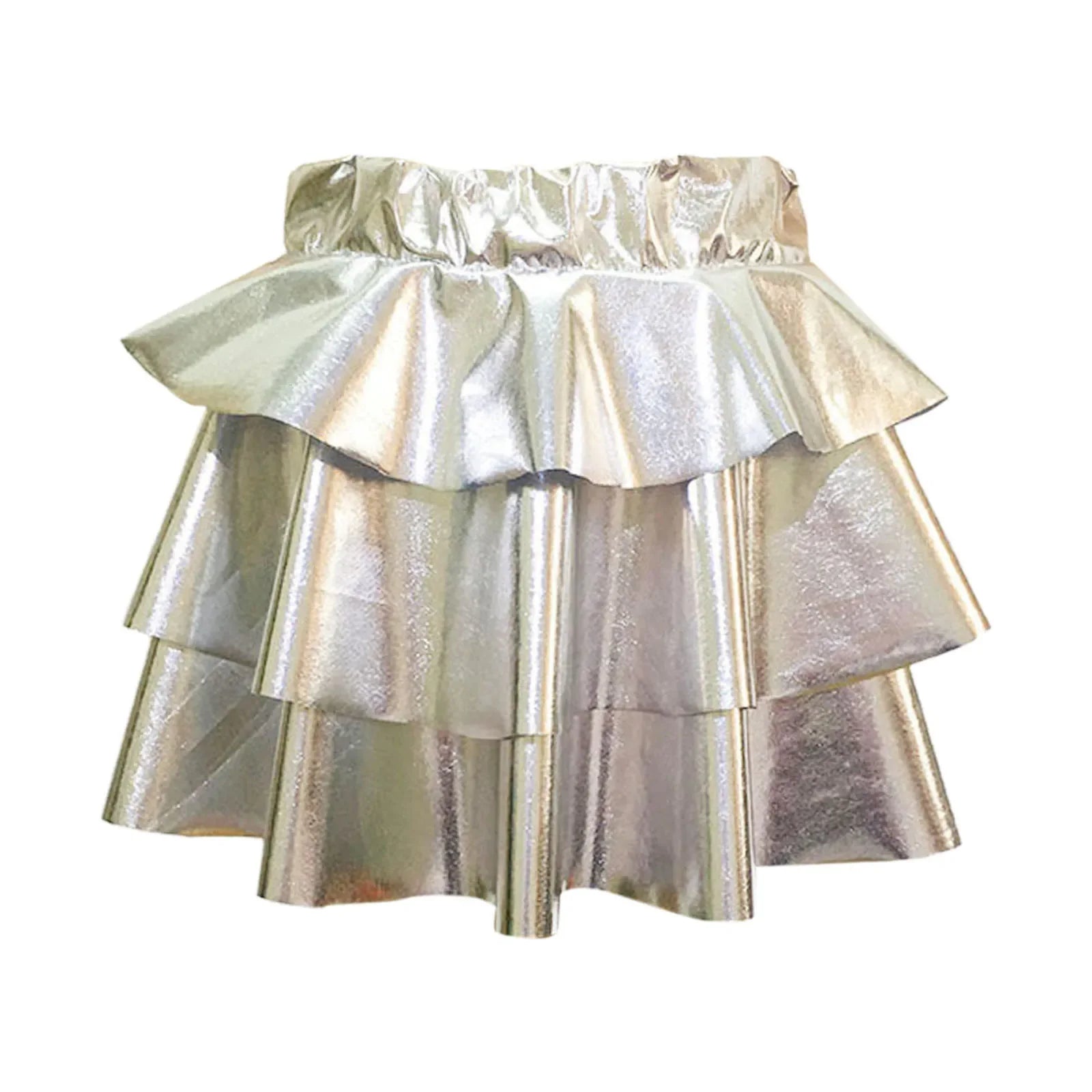 Women's Gold Metallic Tiered Mini Skirt Elastic High Waist Shiny Pu Ruffle Hem Party Skirts Dance Performance Festival Outfits