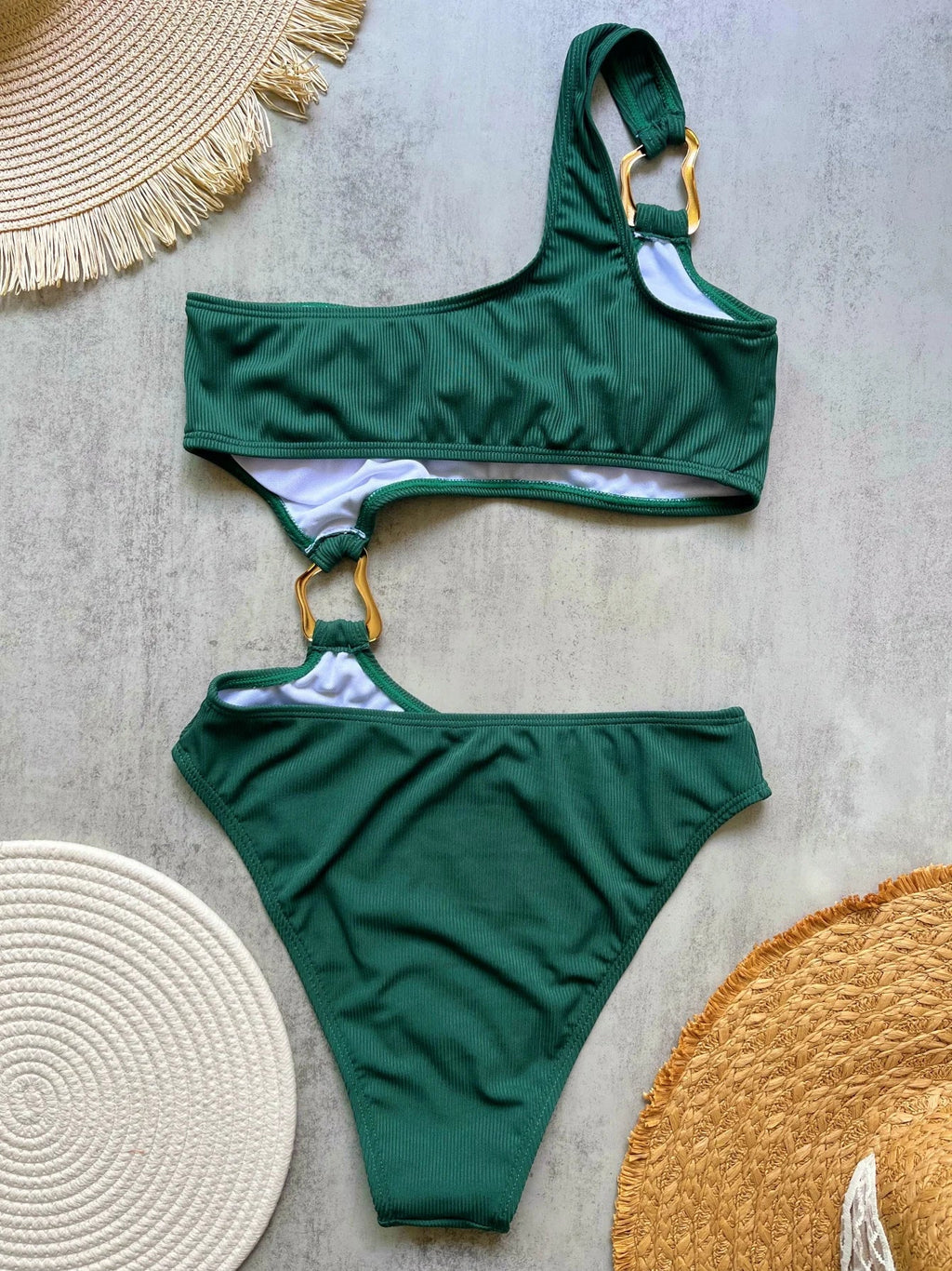 Women's One Piece Swimsuit Ring Cut Out Front High Cut Cheeky Bathing Suit Monokini Swimwear One Shoulder Ribbed Monokini