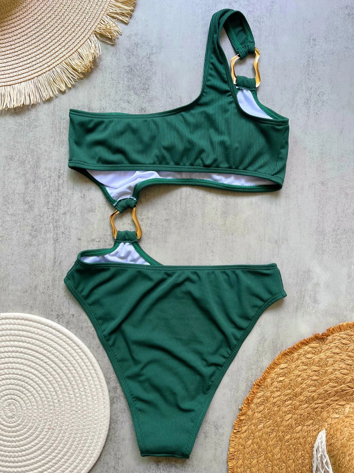 Women's One Piece Swimsuit Ring Cut Out Front High Cut Cheeky Bathing Suit Monokini Swimwear One Shoulder Ribbed Monokini