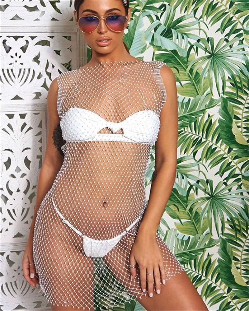 12 Colors New Sexy Mesh Diamond Crystal Turtleneck Dress Swimsuit Bikini Cover Up Nightclub Beach Cover Ups for Swimwear Women