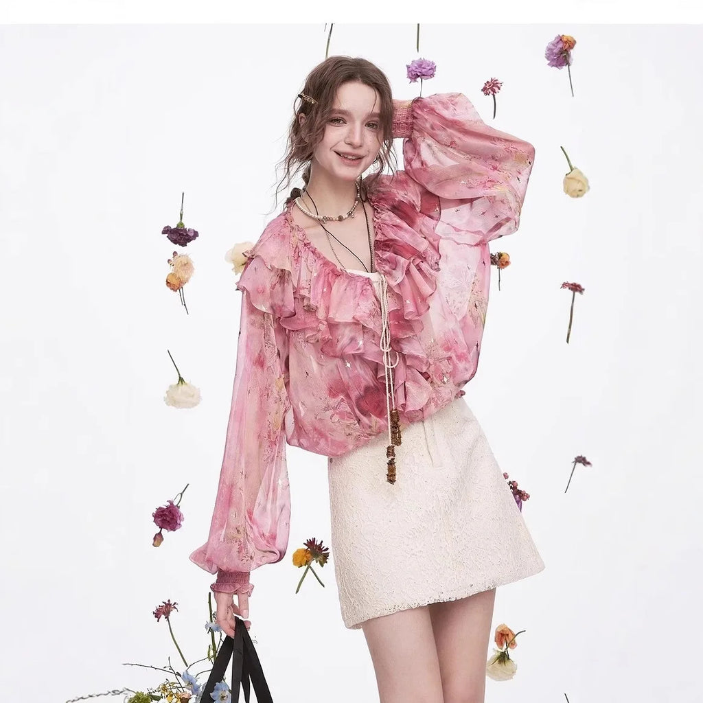 Ladies French ruffled chiffon shirt spring new temperament top