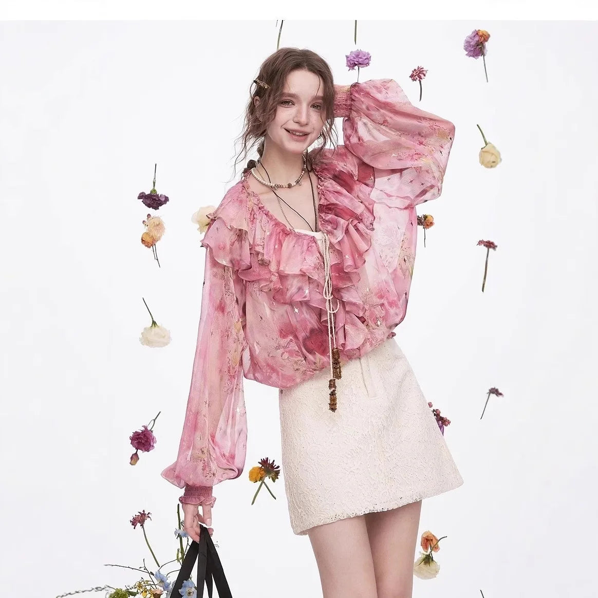 Ladies French ruffled chiffon shirt spring new temperament top