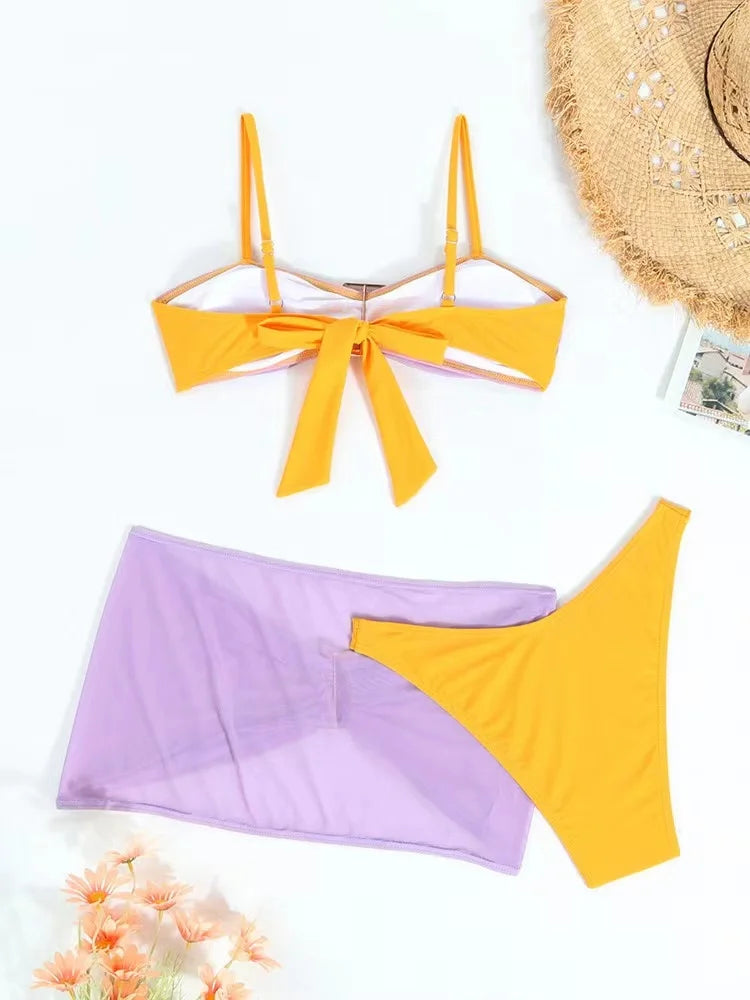 2024 New Sexy Solid 3 Piece Mesh Skirt Bikini Set Swimwear Women Strapped Push Up Swimsuit Female High Cut Backless Bathing Suit
