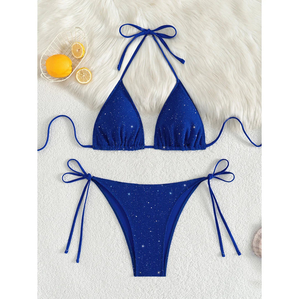 Glitter Sparkling Halter High Leg Cut Bikini Female Swimsuit Women Swimwear Two-pieces Bikini set Bather Bathing Suit Swim V5501