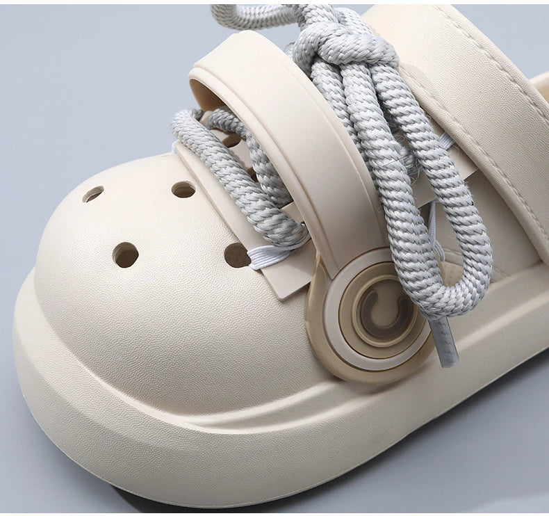 Women Summer Sandals Lace-up Style 2 Way to Wear Couples Fashion Platform Clogs Soft EVA Thick Sole Men Beach Street Slippers