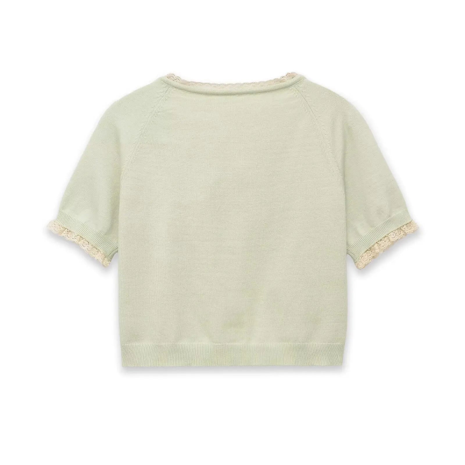 Women's Fashion Short Sleeve Round Neck Bow Lace Knit Solid Color Light Green Lace Trim Front Short Sleeve Knit Casual Top MDTM