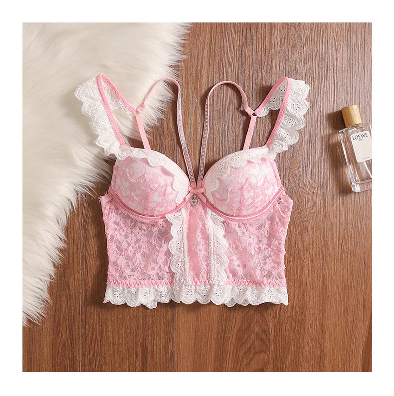 MOYISU Rhinestone Lace Corset Bra Set Pink Halter Bustier Slim-Fit Waist Trainer Sexy Lingerie for Women Party Wedding Outerwear