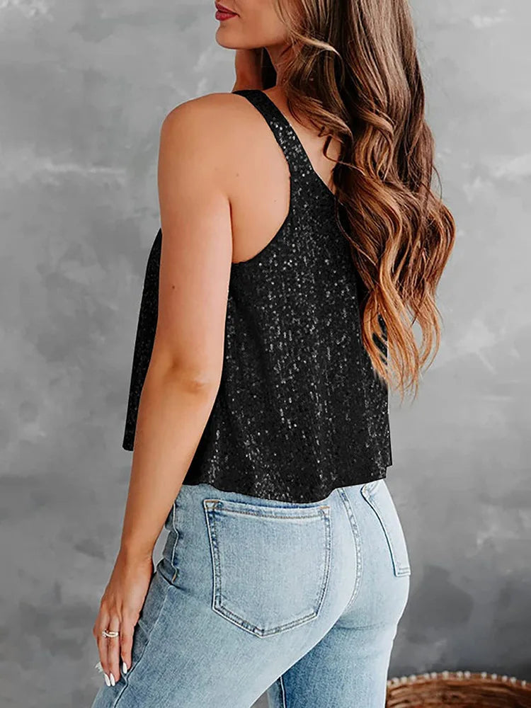 2026 Summer Fashion Women's Tanks Sexy Sequins Camisole Lady Casual Sliver Women's Strap Top Night club Streetwear Y2K Dress up