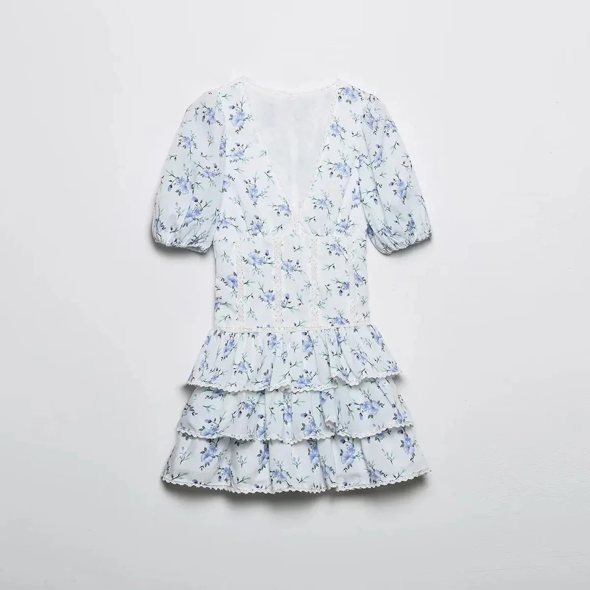 Foridol Blue Flower Print Women Tiered Mini Aummer Autumn Beach Dress Puff Sleeve Vintage Party Cotton Short Boho Lace Dress