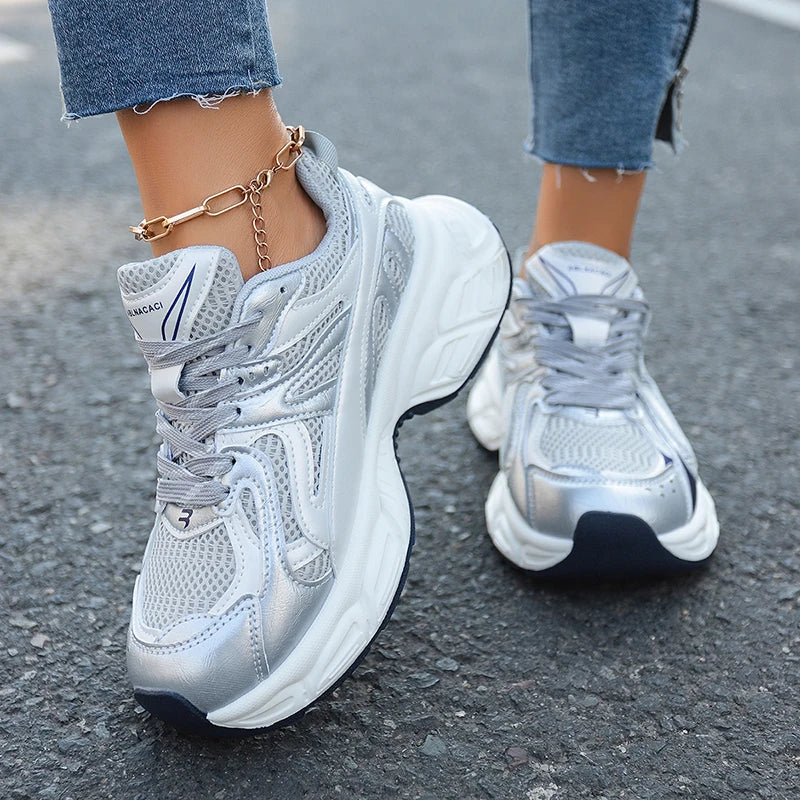 Fashion Breathable Chunky Platform Sneakers Women Korean Lace Up Thick Bottom Vulcanized Shoes Woman Patchwork Comfy Dad Shoes