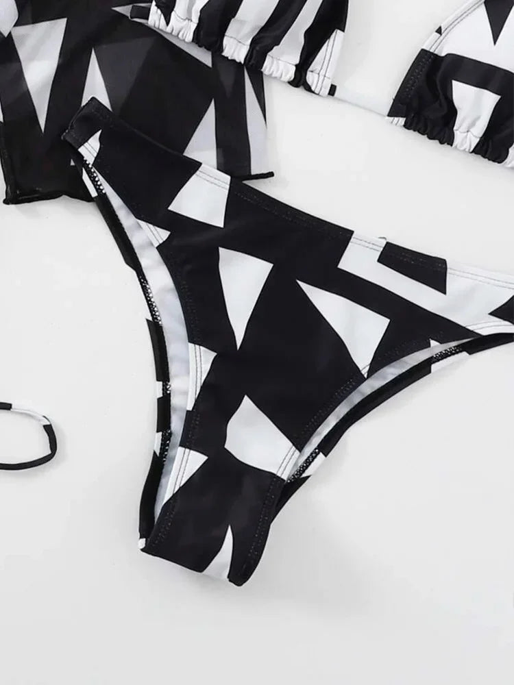 New Summer Women Geometric Print 3 Pieces Swimsuit Drawstring Mesh Bodysuit+Micro Bikini Swimwear Push Up Bathing Suit Beachwear