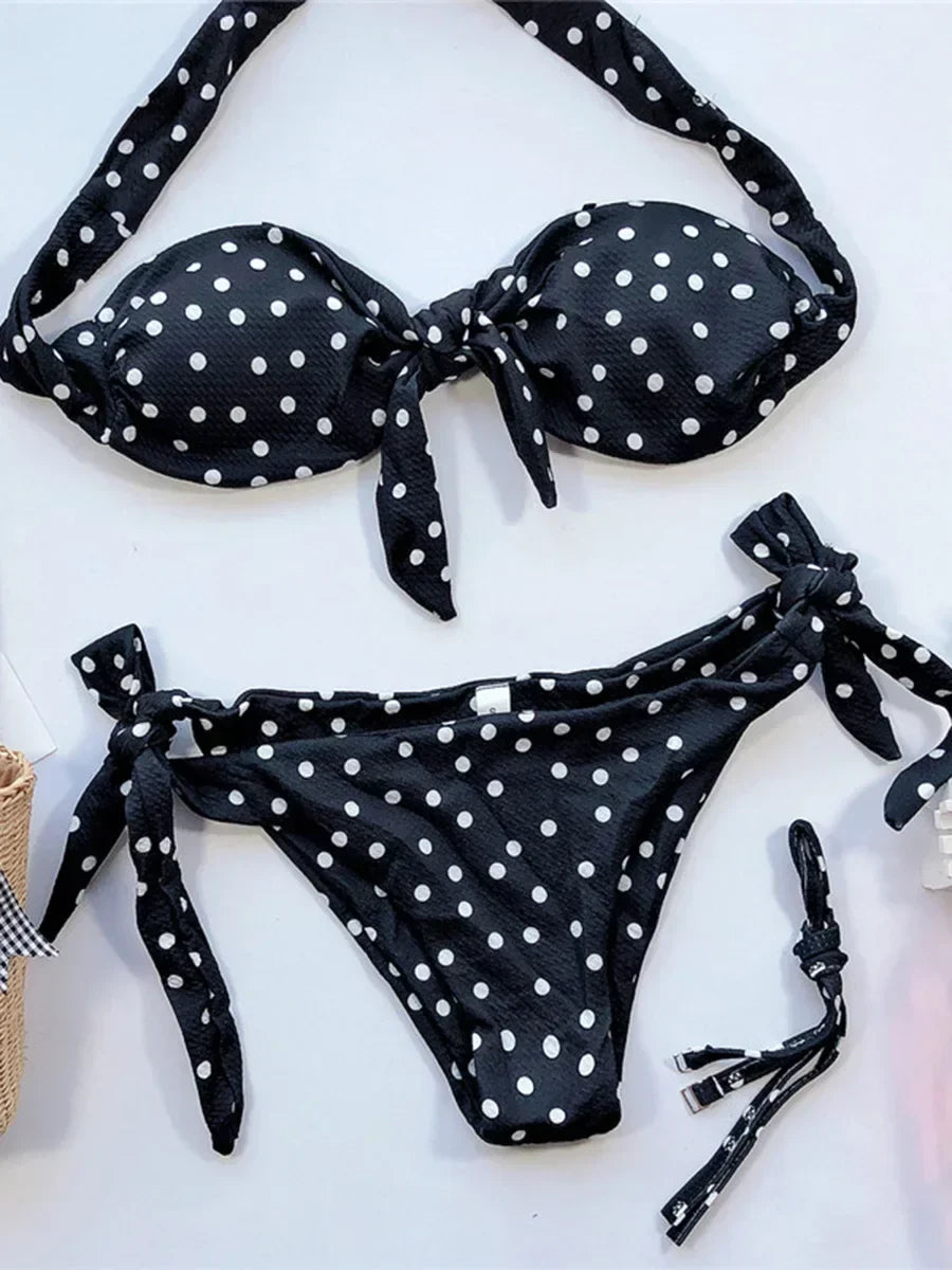 Leopard Knotted Polka Dot Bikini 2025 Women Strapless Bandeau Swimsuit Female Swimwear Two Pieces Bikini Set Bathing Suit Swim