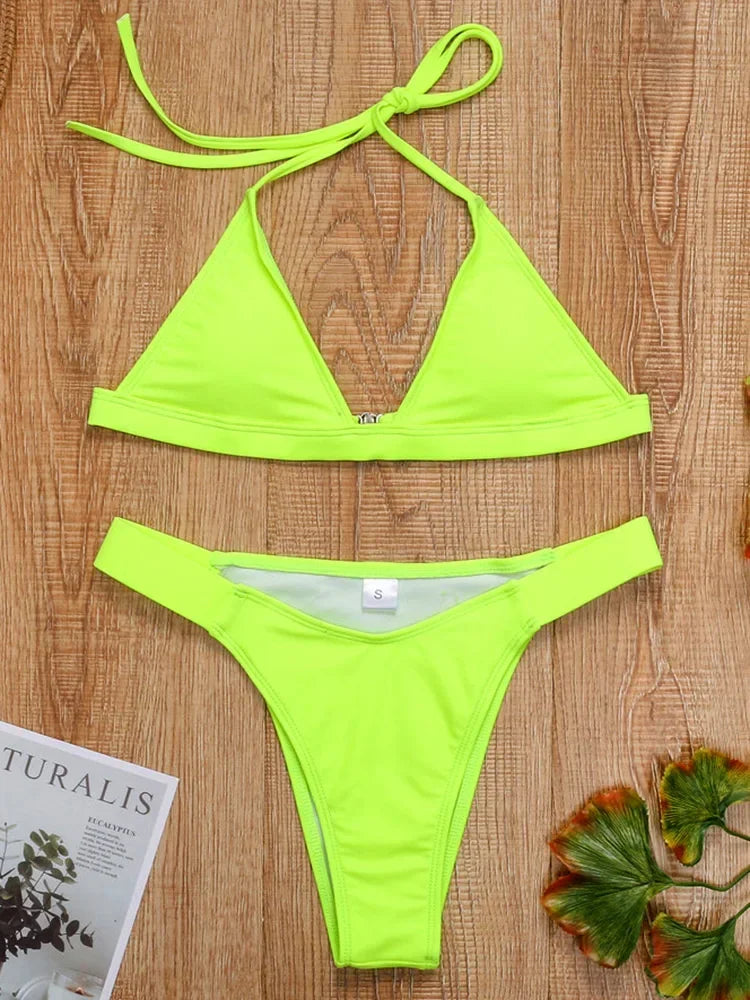 Halter Neon Green Brazilian Thong Bikini 2026 Female Swimsuit Women Swimwear Two Pieces Bikini Set High Cut Bathing Suit Swim