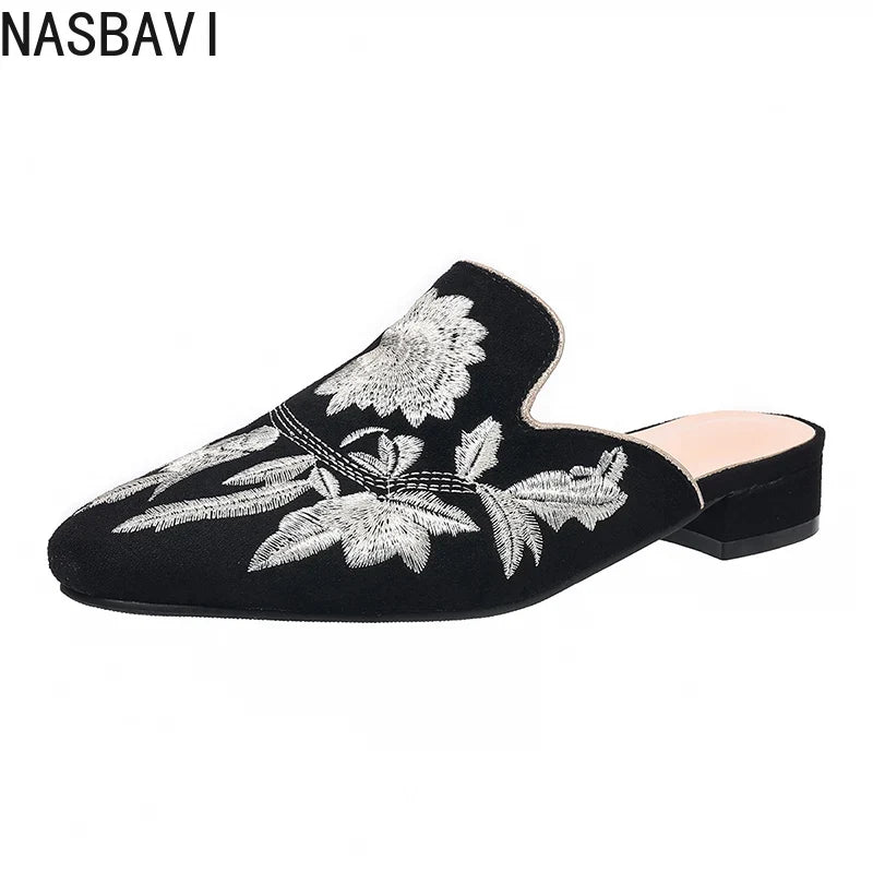 NASBAVI Fashion 3d Embroidery Mules Women Fur Slippers Velvet Shoes Ladies Low Heel Flower Decoration Sandals Women's Flip Flops