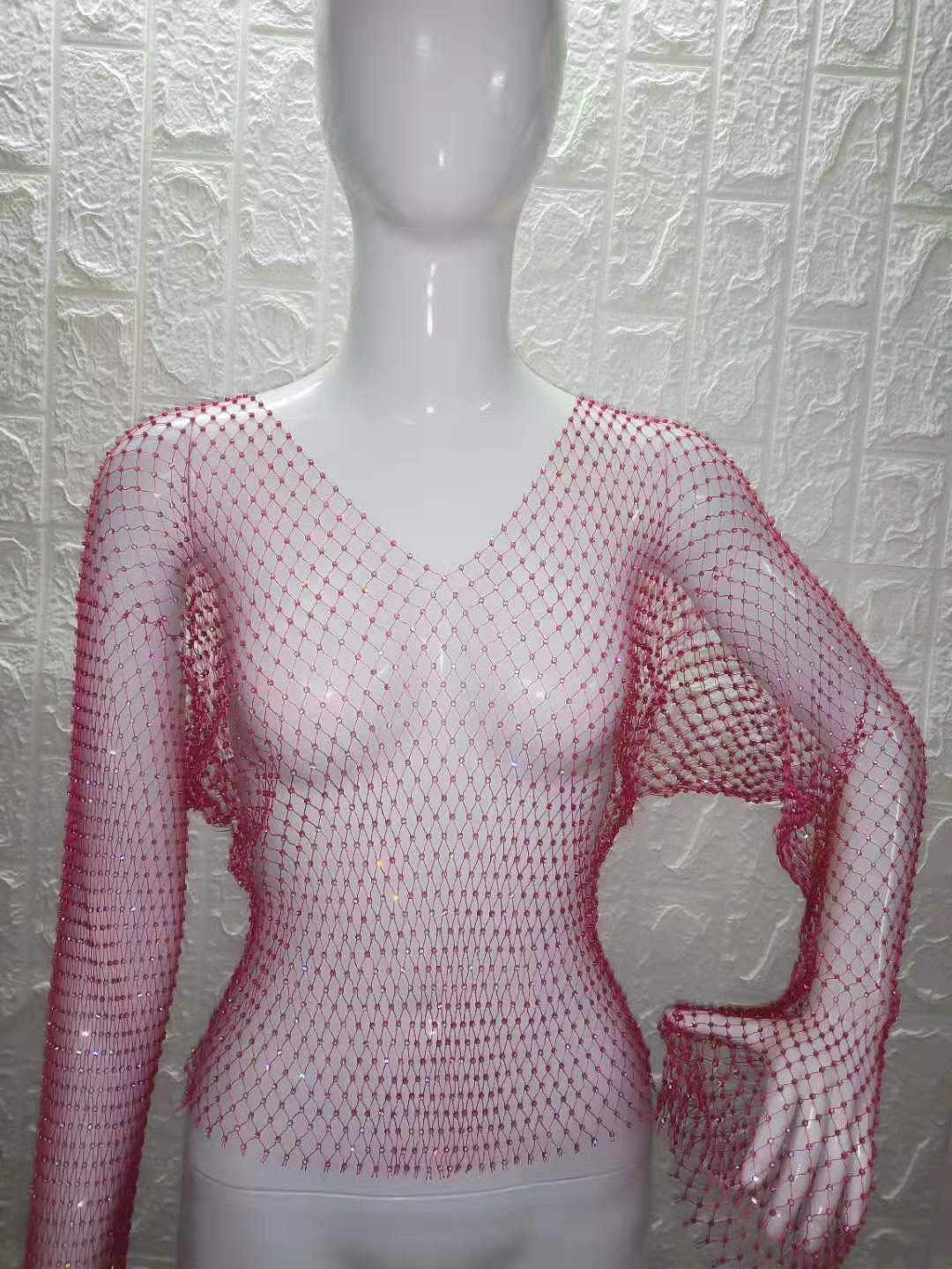 Women Rhinestone Fishnet T-shirt Solid Color Long Sleeve Crop Tops See Through Hollow Out Sexy Shirts Female Smock Tops