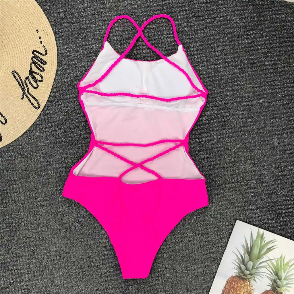 7 Colors 2025 Braided Strap Cross Back Sexy One Piece Swimsuit Women Swimwear Female Bather Bathing Suit Swim Lady V127
