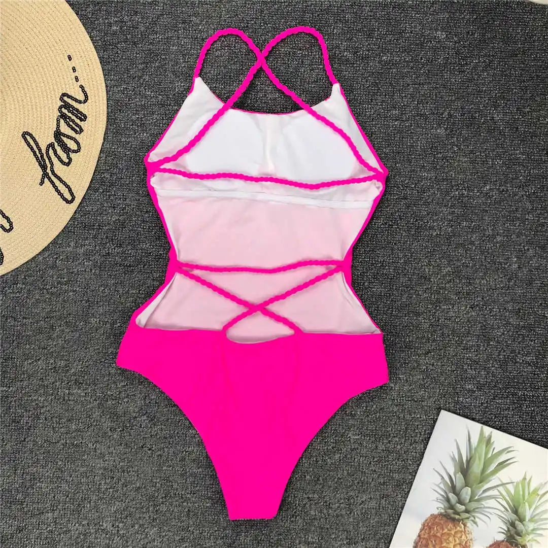 7 Colors 2025 Braided Strap Cross Back Sexy One Piece Swimsuit Women Swimwear Female Bather Bathing Suit Swim Lady V127
