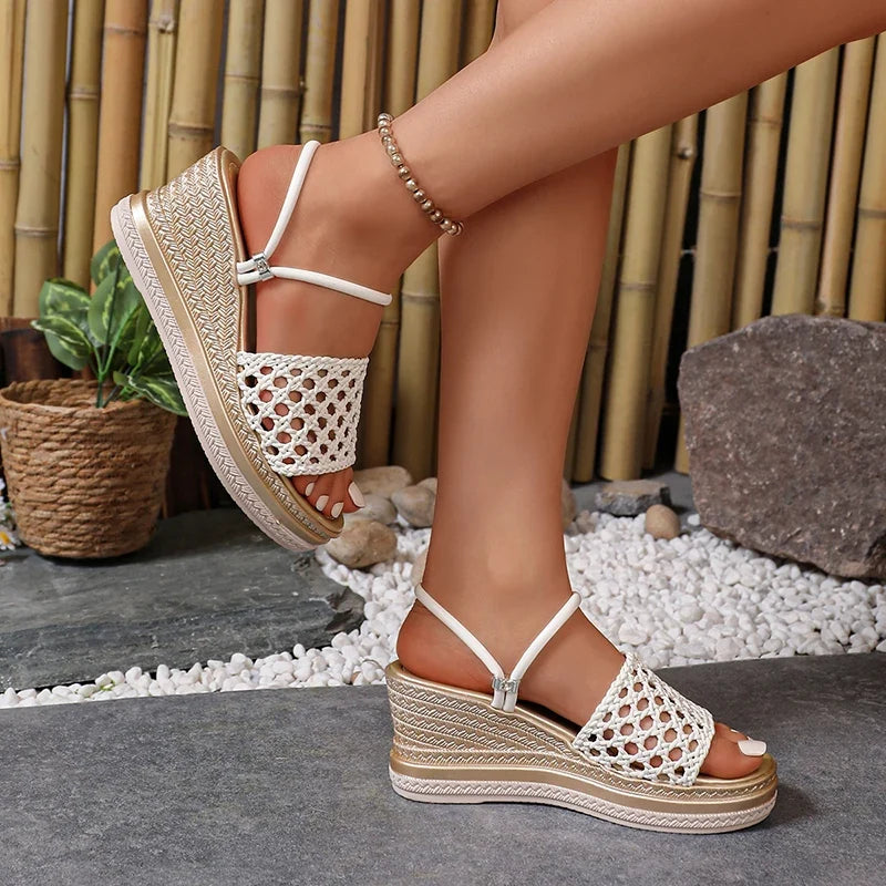 Hollow Out Gold Wedge Heels Sandals Women Plus Size 43 Chunky Platform Slippers Woman Summer Slip On Weave Thick Sole Sandles