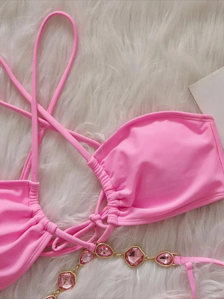 Wrap Around Halter Rhinestones Diamond Bikini Women Swimsuit Female Swimwear Two-pieces Bikini Set Bathing Suit Swim Beach Wear