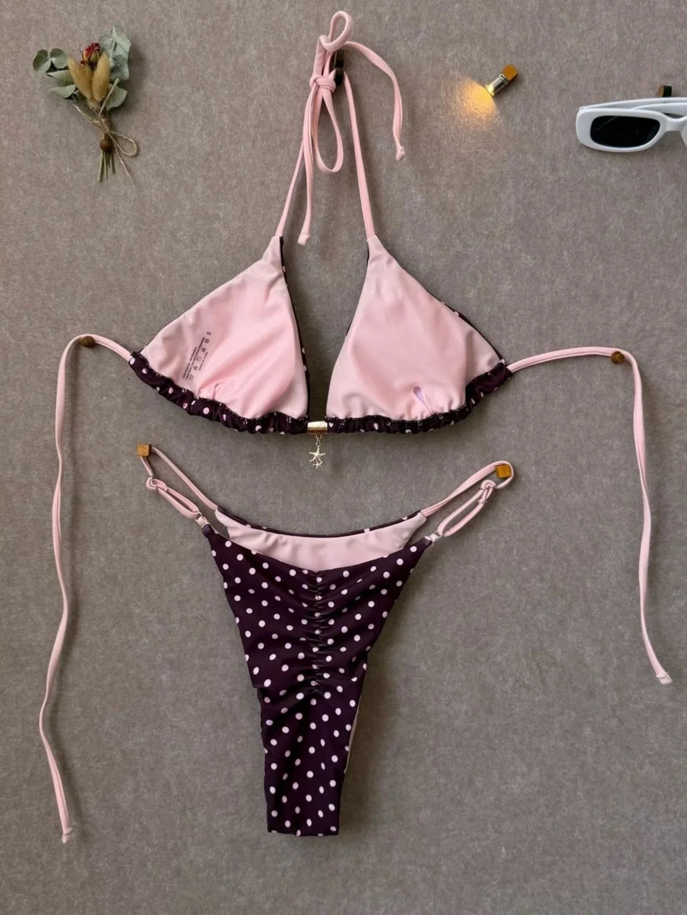 Sexy Black Polka Dot Print Bikini Set Women Pearls Push Up Bra Thong Swimwear 2026 Summer Bathing Suit Holiday Micro Swimsuit