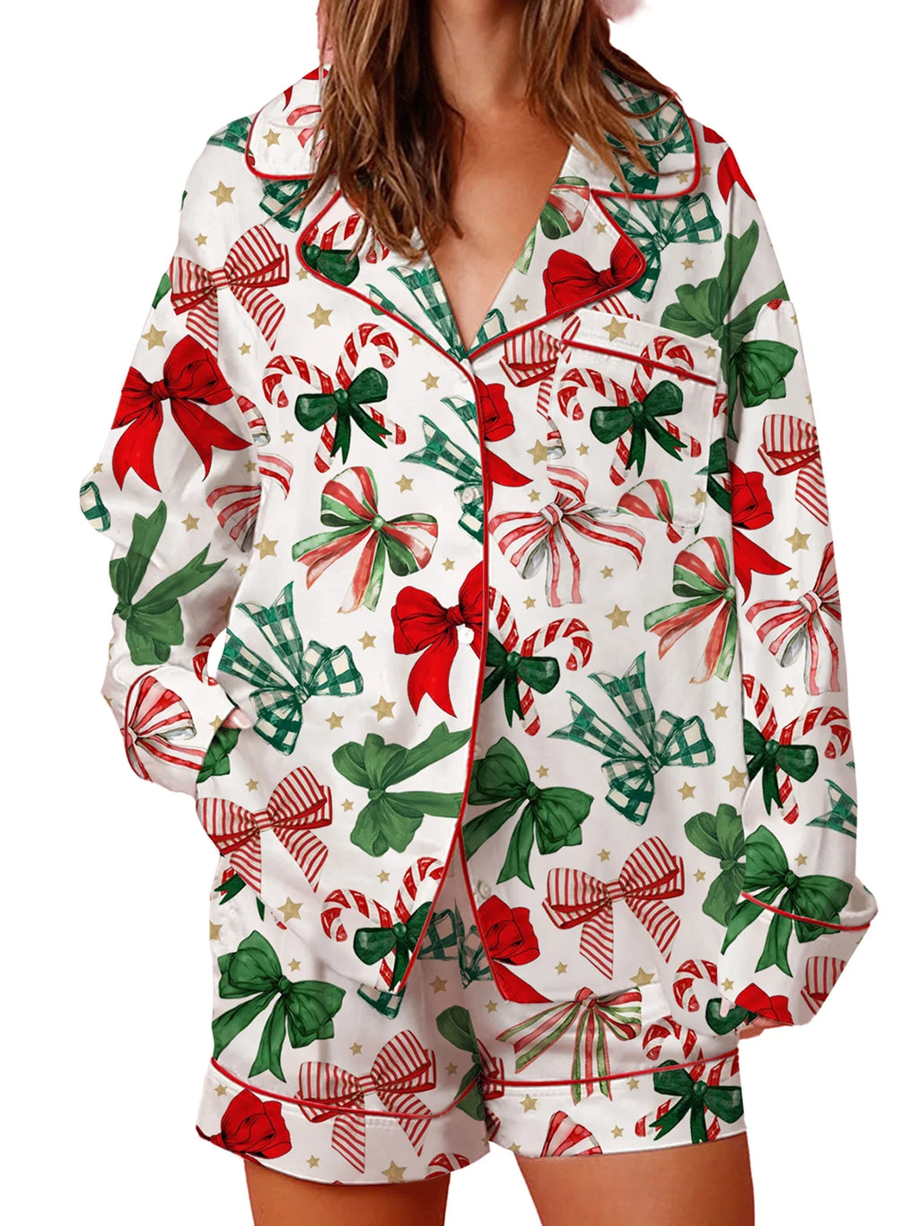 Women's 2025 Satin Christmas Pajama Set Long Sleeve Lapel Bow Print Shirt Wide Leg Shorts Loose Two Pieces Sleepwear