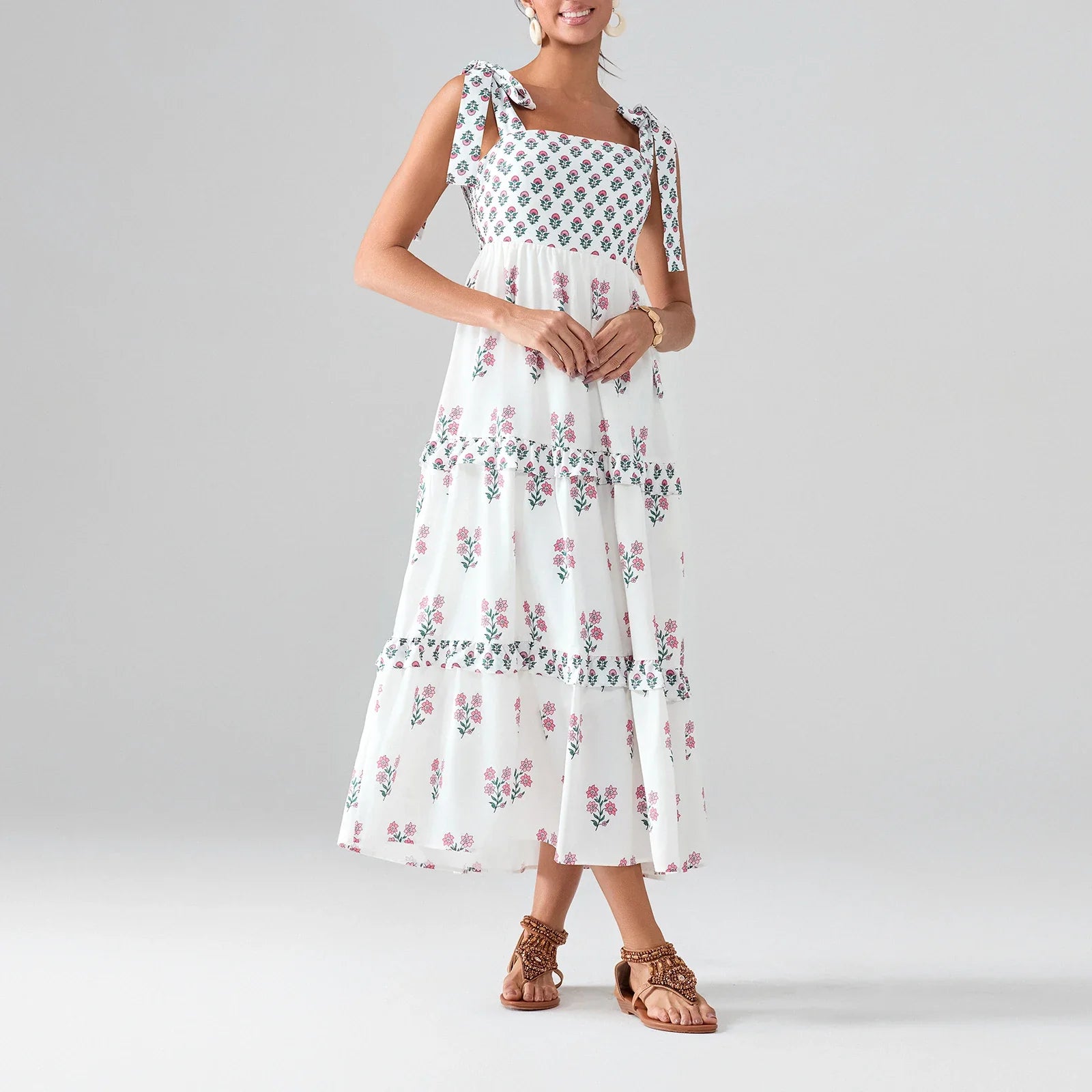 Flower Print Tie Strap Swing Dress Women A-Line Square Neck Tiered Ruffled Summer Bohemian Beach Long Tank Dress