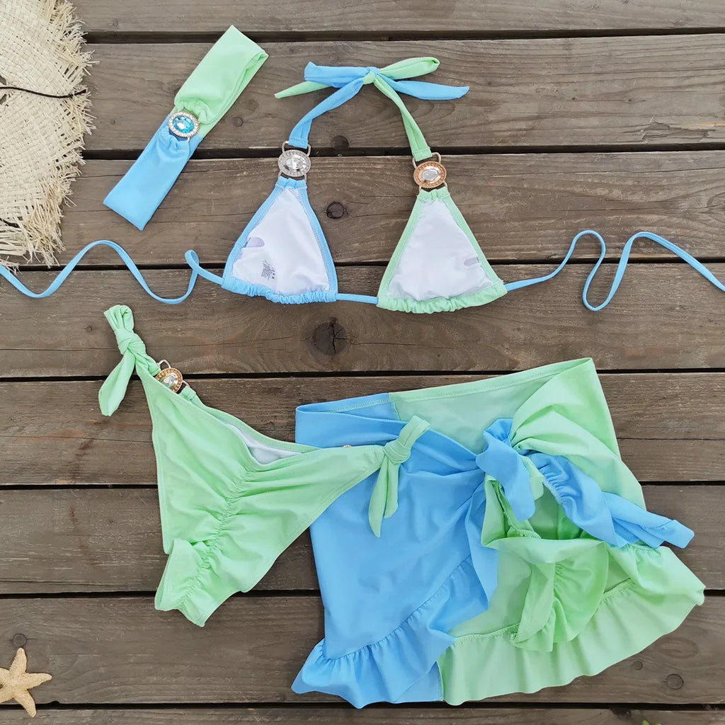 Sexy Skirt 4 Pieces Bikini Set Women Luxury Blue Patchwork Rhinestone Push Up Cover Up Swimsuit 2024 Beach Bathing Suit Swimwear