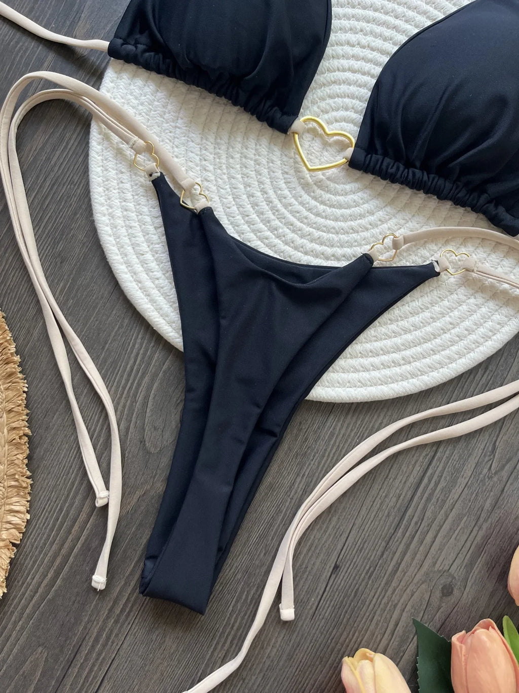 DEKA Metal Micro Bikini Set Lace-up High Waisted Bandage Thong Swimsuit Female Swimwear Women Solid Strappy Beachwear Bathing