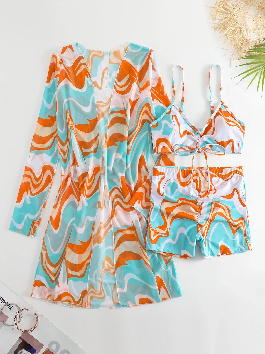 New Sexy 3 Pieces Suit for Women Neck Hanging Bikini Set+Cover-up Swimwear Sunproof Tankini High Waist Shorts Swimsuit Beachwear