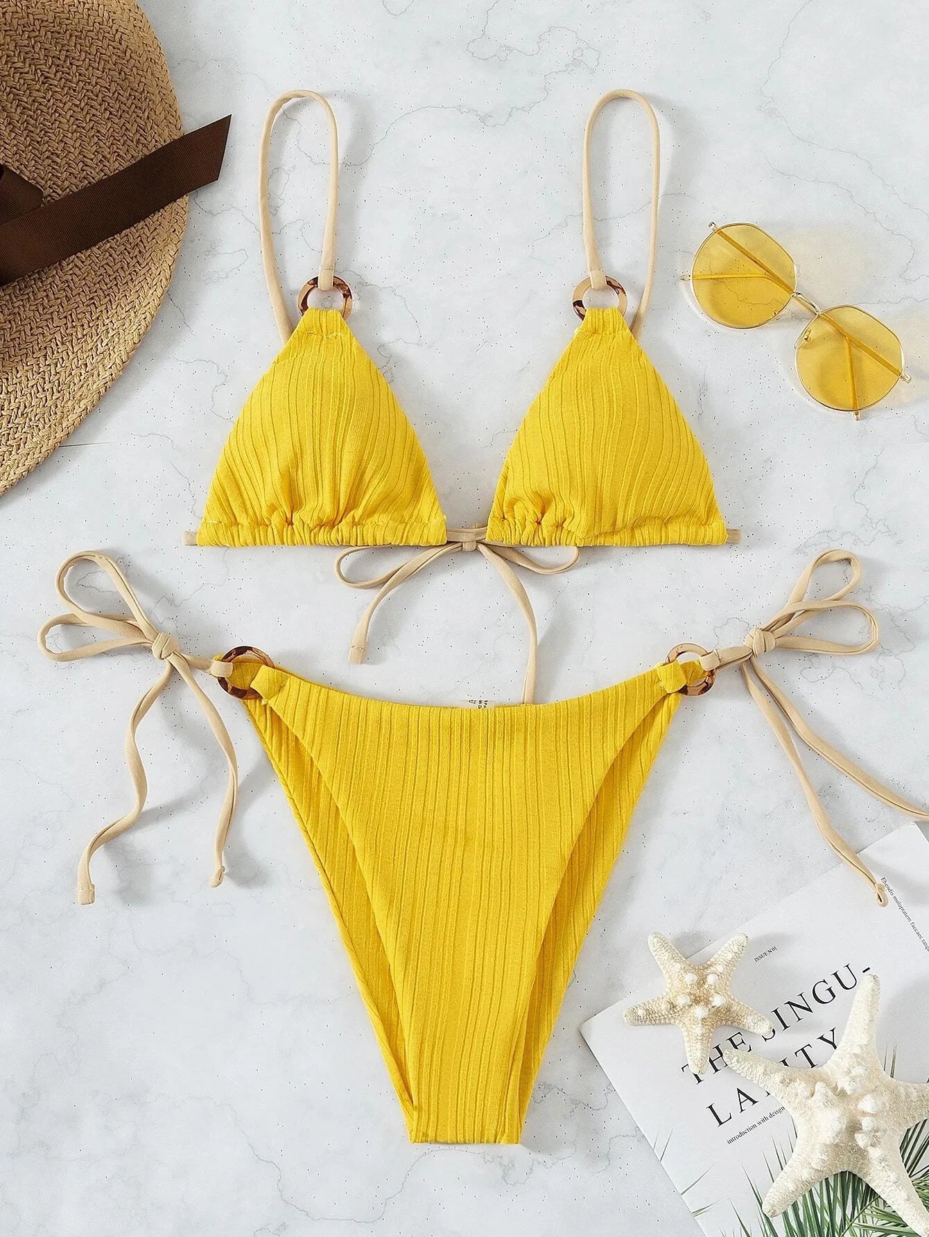 Sexy Rib Texture Triangle String Bikini Set Women Push Up Padded Thong Swimsuit Female Cut Out Bathing Suit Swimwear Biquini