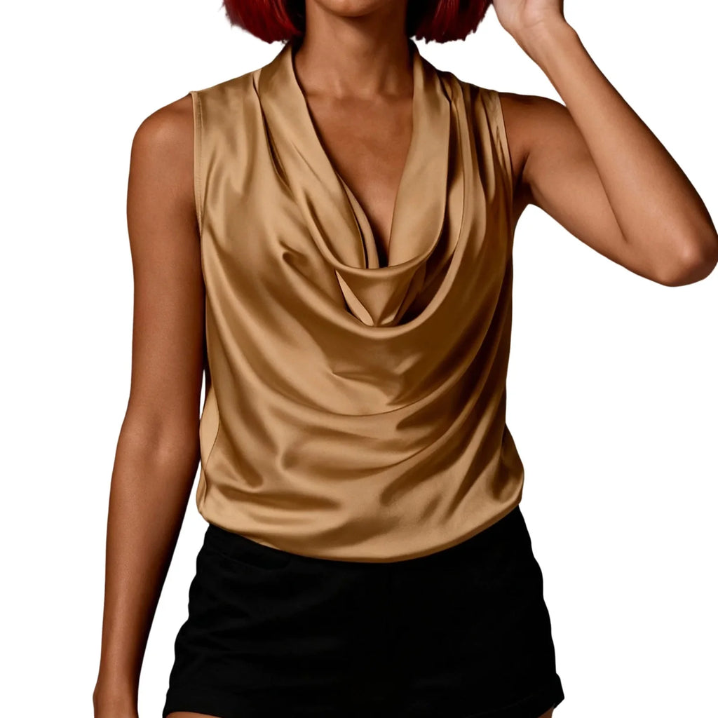 Women Satin Halter Tank Tops Fashion Fitted Solid Color Cowl Neck Sleeveless Vest Trendy Summer Streetwear
