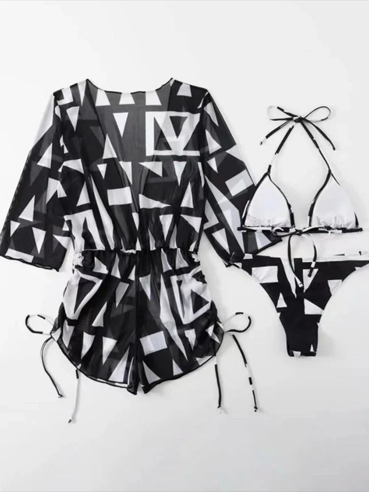 3 Pieces Bikini Tropical Print Swimsuit Halter Drawstring Side Swimwear Women 2026 Bathing Suit Female Swimming Summer Beachwear